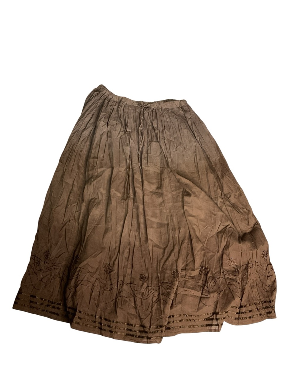 Millenium 100% Cotton Brown Crinkle Embroidered Midi Skirt Size Large Boho